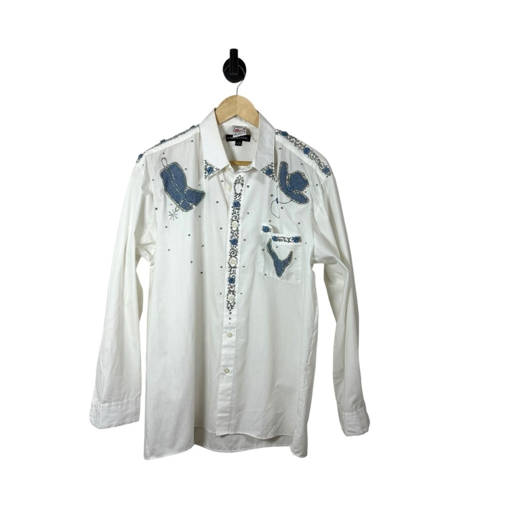 VINTAGE Women’s Hand Painted Laura Rogers Cowgirl Sparkle Blouse White/Blue L